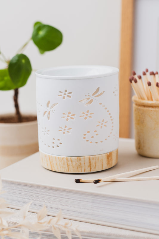 Dragonfly | Ceramic Wax Burner with Wood-Effect Base