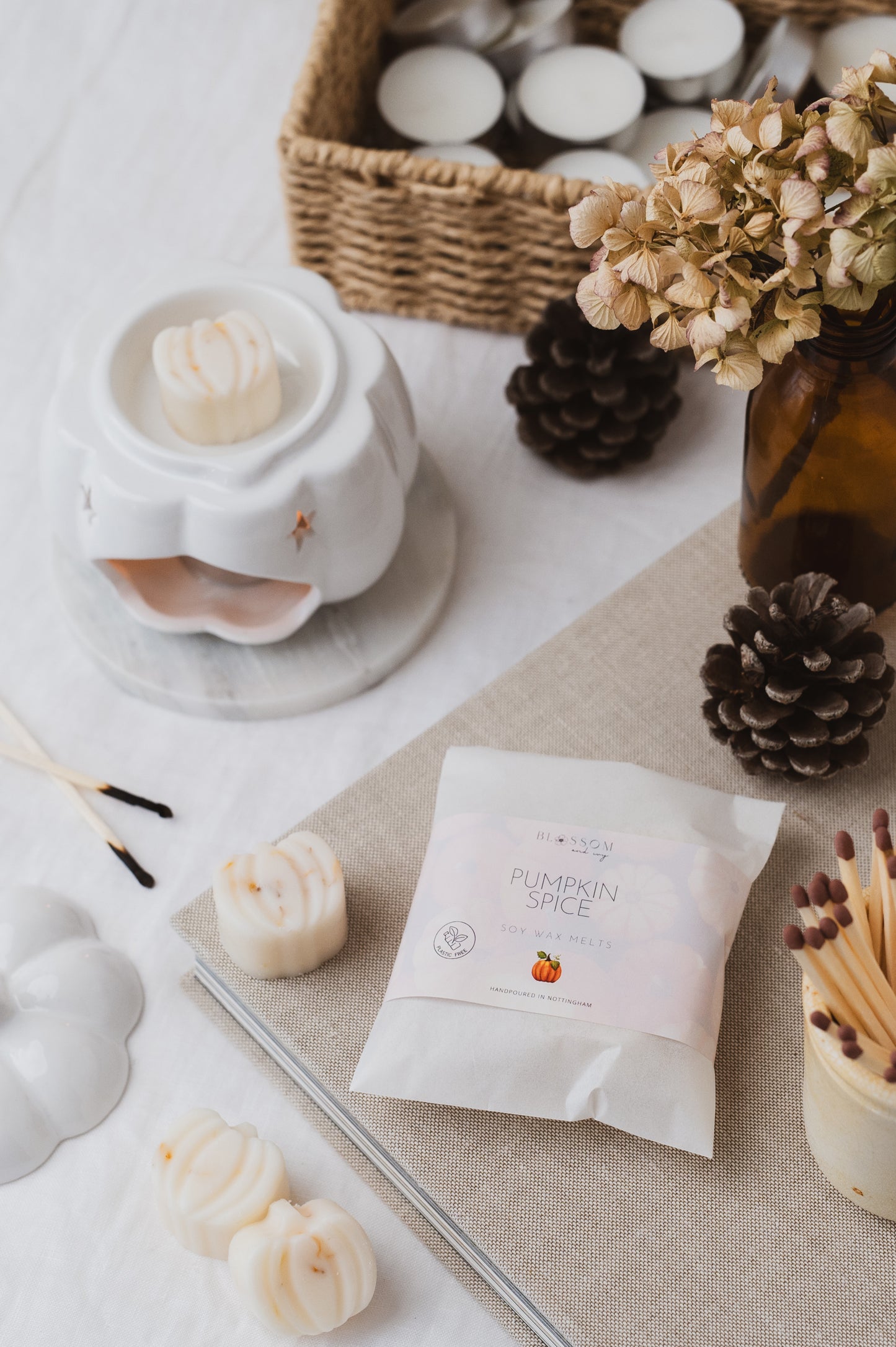 Pumpkin Spice botanical soy wax melts displayed on a book.