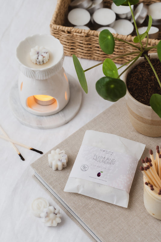 A bag of our Plum and Mulberry botanical soy wax melts displayed on a book. Wax melt burning in a wax burner. Plant, matches and tealights in the background for decoration.